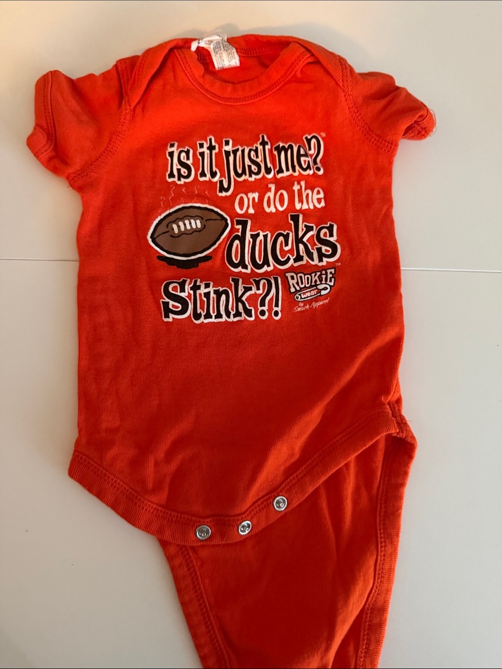 Orange Baby One-Piece Bodysuit - 'Do the Ducks Stink?'